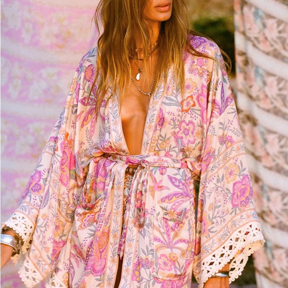 Floral Kimono with Lace Trim